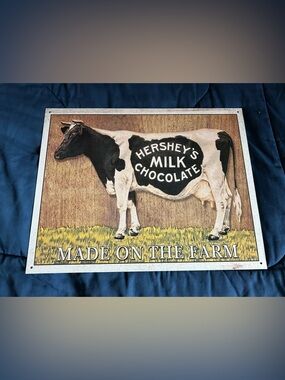 Vintage Hershey's Milk Chocolate "Made On the Farm" Cow Tin Sign 12x16” USA